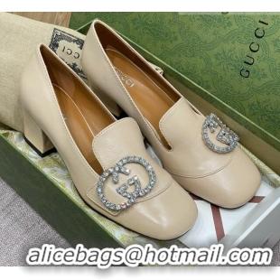 Affordable Price Gucci Leather Loafer Pumps 5cm with Crystal Double G 021909 Beige