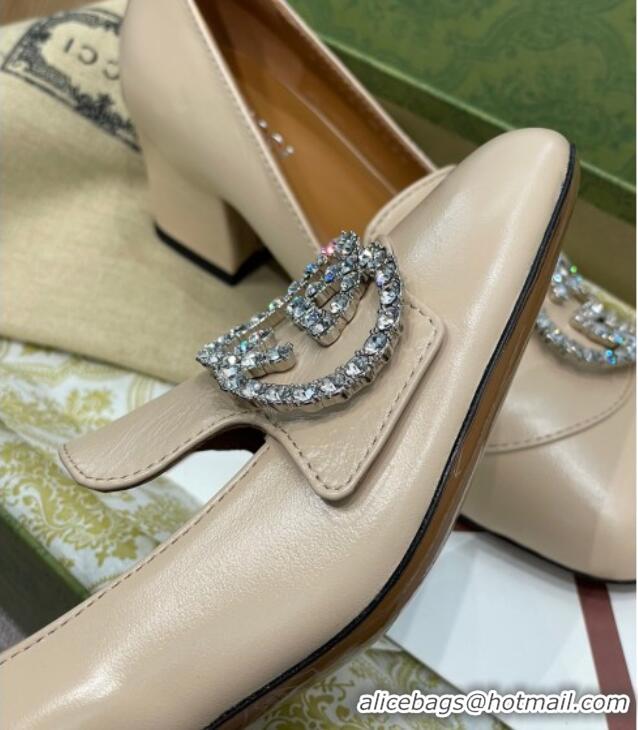 Affordable Price Gucci Leather Loafer Pumps 5cm with Crystal Double G 021909 Beige