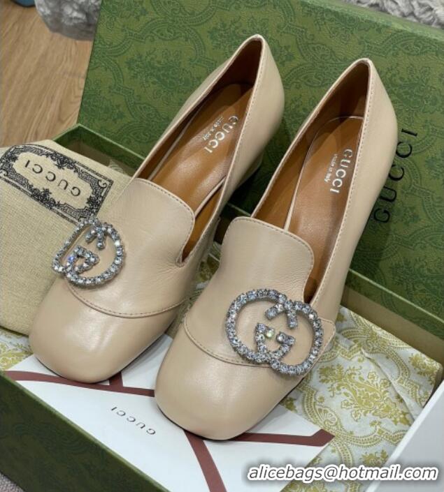 Affordable Price Gucci Leather Loafer Pumps 5cm with Crystal Double G 021909 Beige