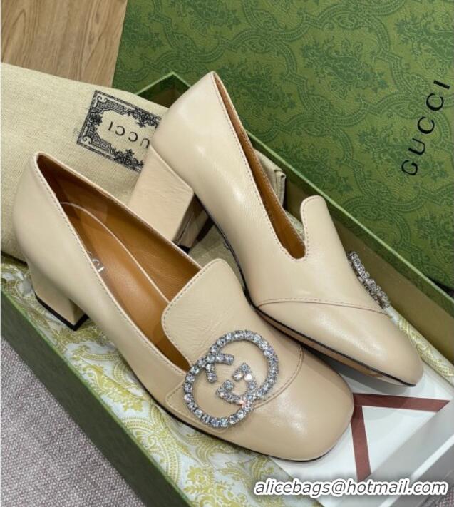 Affordable Price Gucci Leather Loafer Pumps 5cm with Crystal Double G 021909 Beige