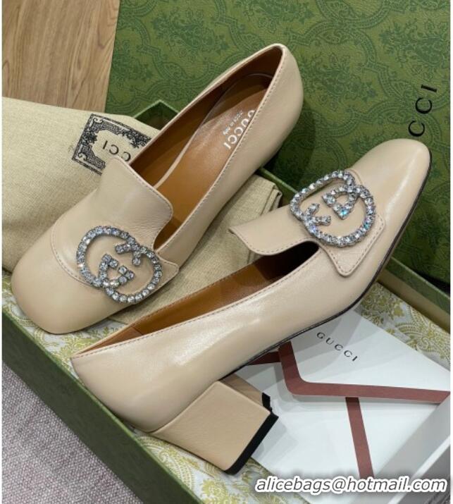 Affordable Price Gucci Leather Loafer Pumps 5cm with Crystal Double G 021909 Beige