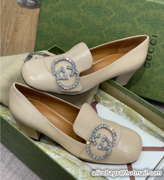 Affordable Price Gucci Leather Loafer Pumps 5cm with Crystal Double G 021909 Beige