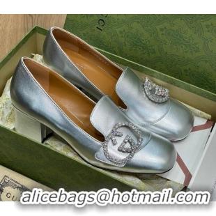 Good Quality Gucci Leather Loafer Pumps 5cm with Crystal Double G 021909 Silver