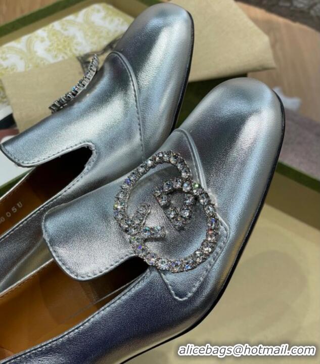 Good Quality Gucci Leather Loafer Pumps 5cm with Crystal Double G 021909 Silver