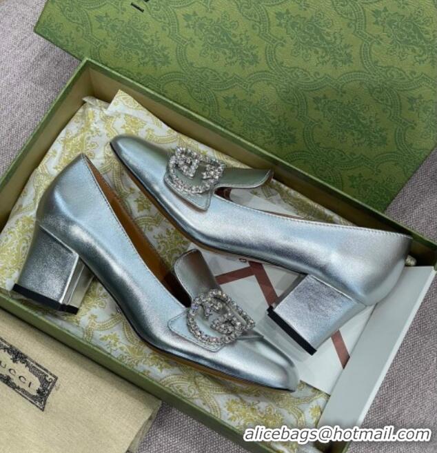 Good Quality Gucci Leather Loafer Pumps 5cm with Crystal Double G 021909 Silver