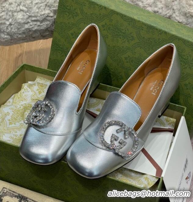 Good Quality Gucci Leather Loafer Pumps 5cm with Crystal Double G 021909 Silver