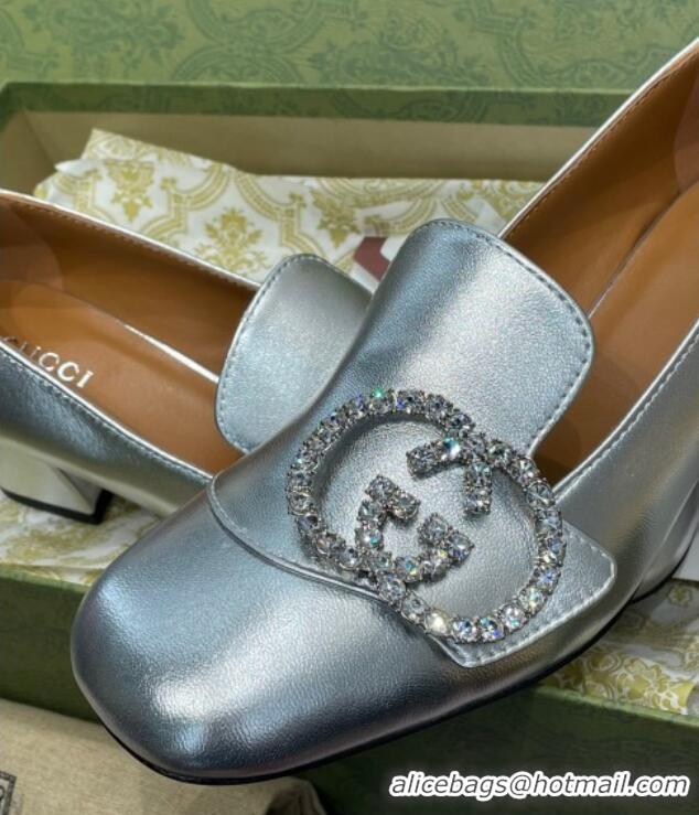 Good Quality Gucci Leather Loafer Pumps 5cm with Crystal Double G 021909 Silver