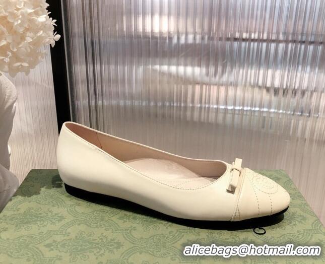 Perfect Gucci Leather Bow Ballet Flat 021920 White