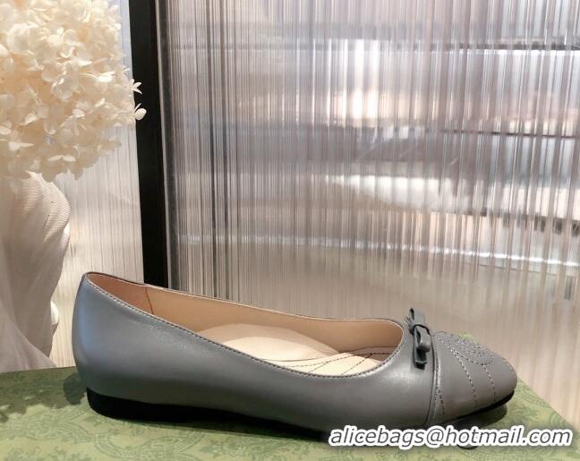 New Style Gucci Leather Bow Ballet Flat 021920 Gray