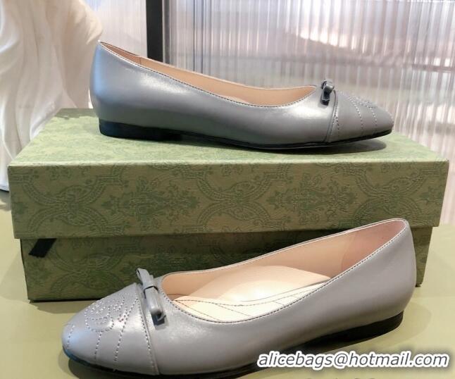 New Style Gucci Leather Bow Ballet Flat 021920 Gray