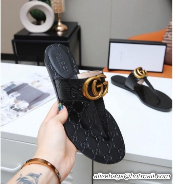 Super Quality Gucci GG Leather Thong Sandal with Double G Black 022145