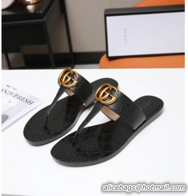 Super Quality Gucci GG Leather Thong Sandal with Double G Black 022145