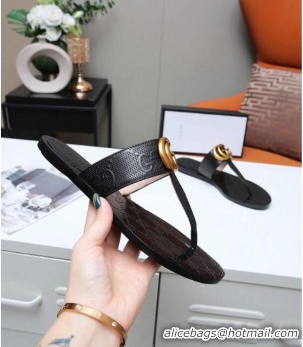 Super Quality Gucci GG Leather Thong Sandal with Double G Black 022145