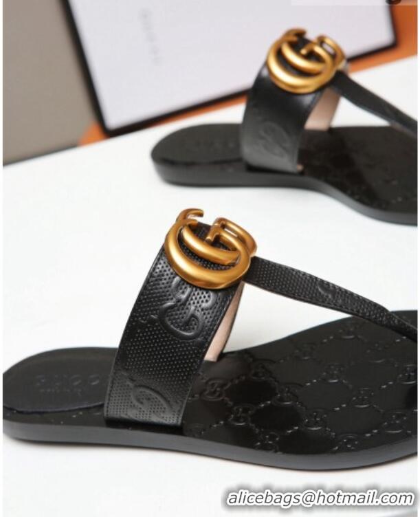 Super Quality Gucci GG Leather Thong Sandal with Double G Black 022145