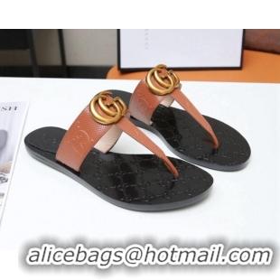 Low Price Gucci GG Leather Thong Sandal with Double G 022147 Brown