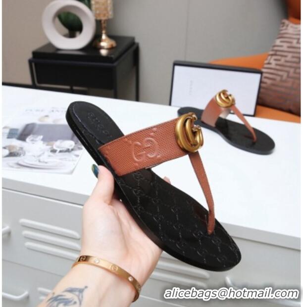 Low Price Gucci GG Leather Thong Sandal with Double G 022147 Brown