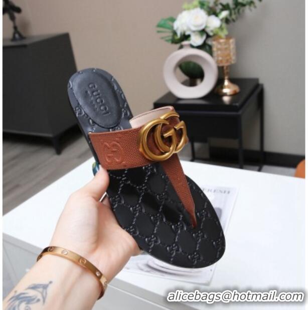 Low Price Gucci GG Leather Thong Sandal with Double G 022147 Brown