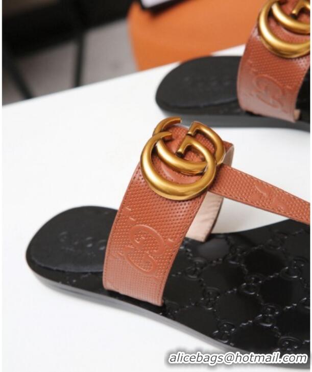 Low Price Gucci GG Leather Thong Sandal with Double G 022147 Brown