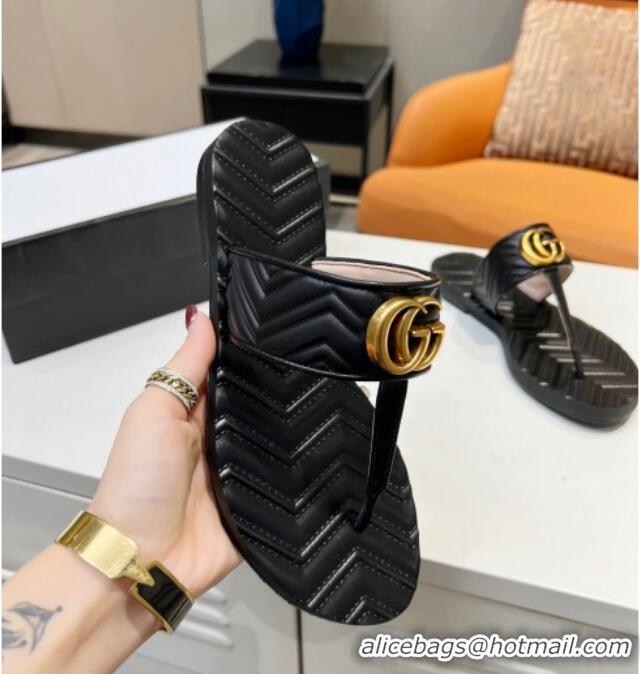 Most Popular Gucci Chevron Leather Thong Sandal with Double G 022151 Black