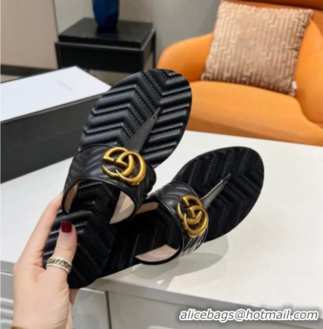 Most Popular Gucci Chevron Leather Thong Sandal with Double G 022151 Black