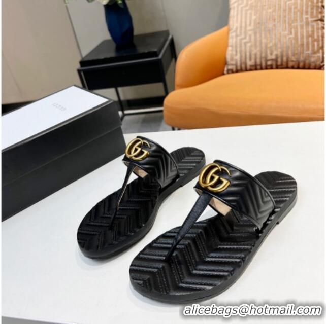 Most Popular Gucci Chevron Leather Thong Sandal with Double G 022151 Black