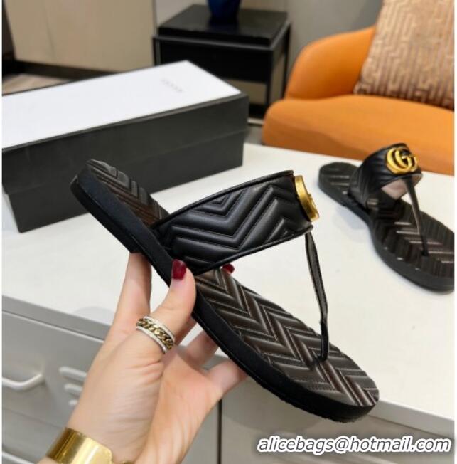 Most Popular Gucci Chevron Leather Thong Sandal with Double G 022151 Black