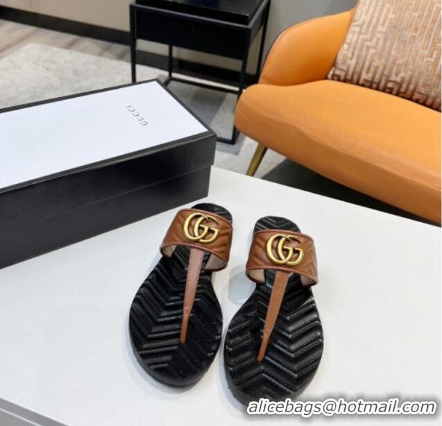 Shop Gucci Chevron Leather Thong Sandal with Double G 022151 Brown