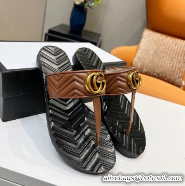 Shop Gucci Chevron Leather Thong Sandal with Double G 022151 Brown