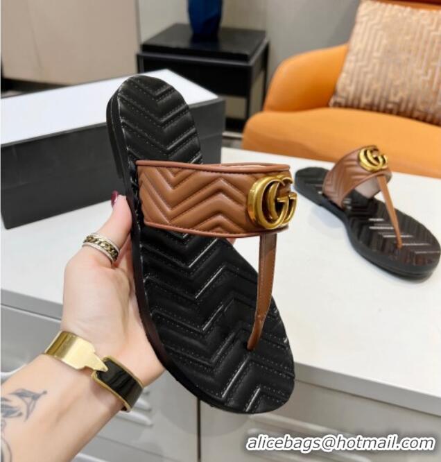 Shop Gucci Chevron Leather Thong Sandal with Double G 022151 Brown