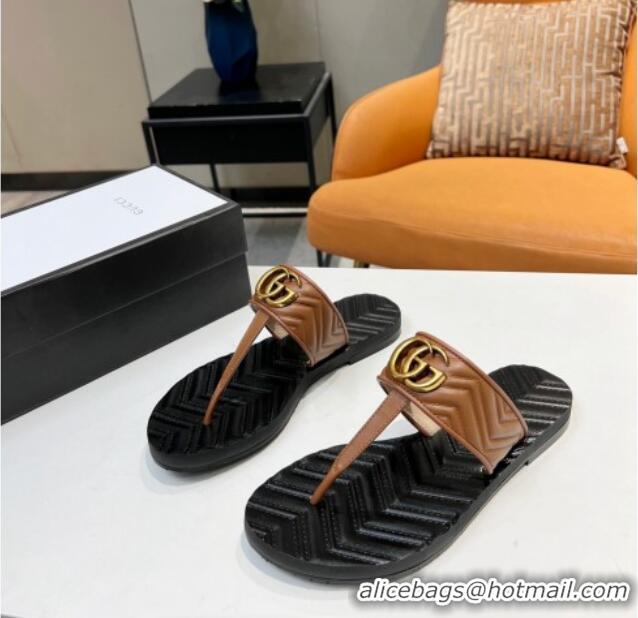 Shop Gucci Chevron Leather Thong Sandal with Double G 022151 Brown