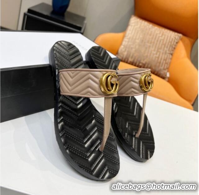 Perfect Gucci Chevron Leather Thong Sandal with Double G 022151 Apricot