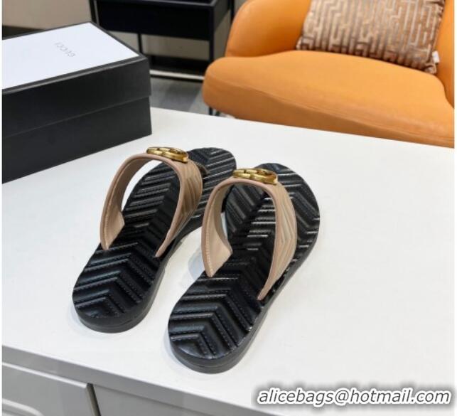 Perfect Gucci Chevron Leather Thong Sandal with Double G 022151 Apricot