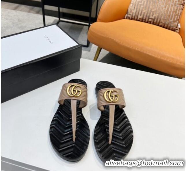 Perfect Gucci Chevron Leather Thong Sandal with Double G 022151 Apricot