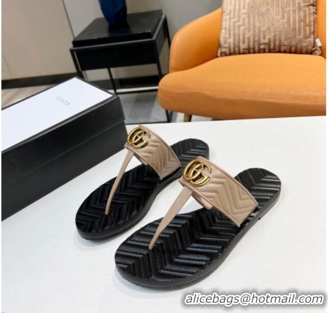 Perfect Gucci Chevron Leather Thong Sandal with Double G 022151 Apricot