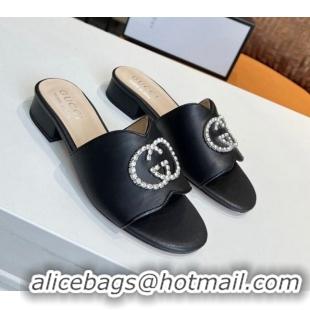 Best Quality Gucci Leather Slide Sandal with Crystal Double G 022157 Black