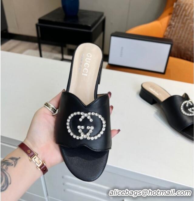 Best Quality Gucci Leather Slide Sandal with Crystal Double G 022157 Black