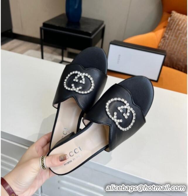 Best Quality Gucci Leather Slide Sandal with Crystal Double G 022157 Black