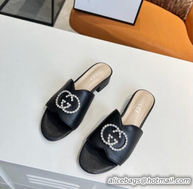 Best Quality Gucci Leather Slide Sandal with Crystal Double G 022157 Black