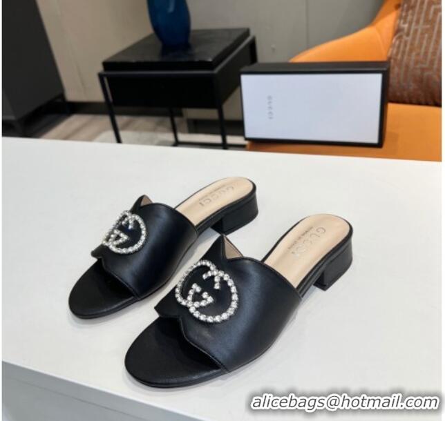 Best Quality Gucci Leather Slide Sandal with Crystal Double G 022157 Black