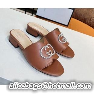 Best Design Gucci Leather Slide Sandal with Crystal Double G 022157 Brown