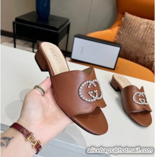 Best Design Gucci Leather Slide Sandal with Crystal Double G 022157 Brown