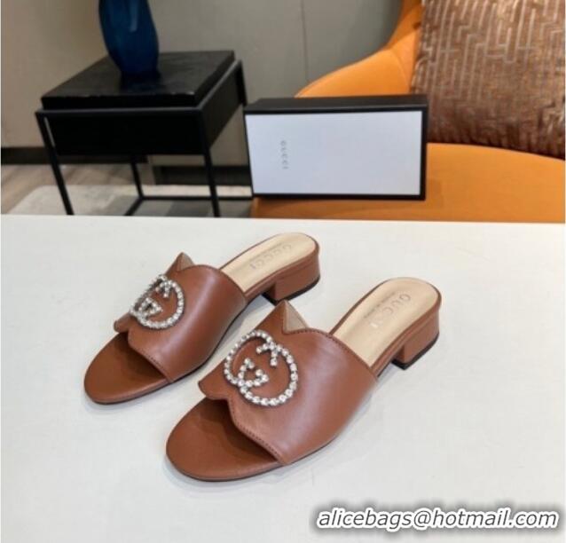 Best Design Gucci Leather Slide Sandal with Crystal Double G 022157 Brown