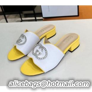 Low Cost Gucci Leather Slide Sandal with Crystal Double G 022159 White/Yellow