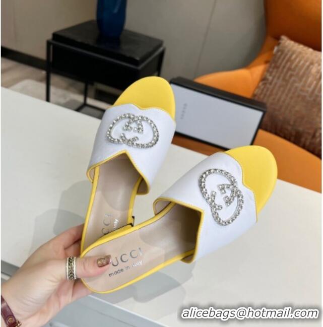 Low Cost Gucci Leather Slide Sandal with Crystal Double G 022159 White/Yellow