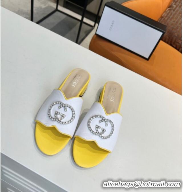 Low Cost Gucci Leather Slide Sandal with Crystal Double G 022159 White/Yellow