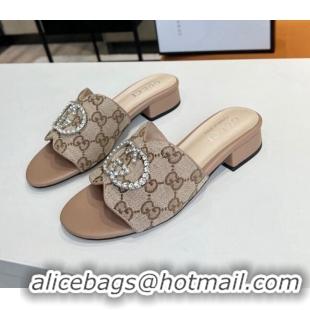 New Style Gucci GG Canvas Slide Sandal with Crystal Double G 022160 Beige