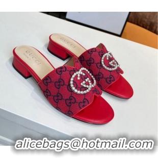 Low Price Gucci GG Canvas Slide Sandal with Crystal Double G 022161 Red