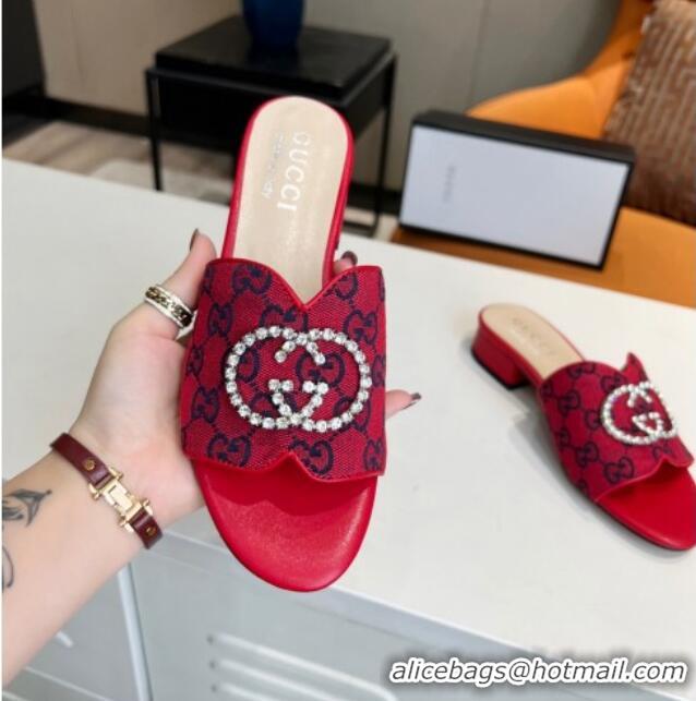 Low Price Gucci GG Canvas Slide Sandal with Crystal Double G 022161 Red