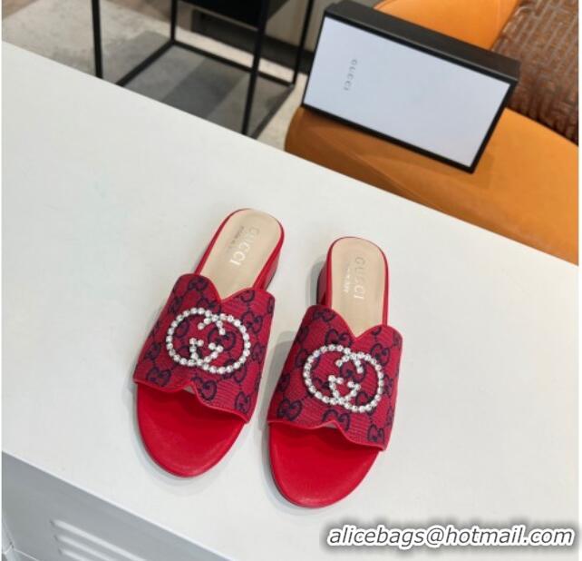 Low Price Gucci GG Canvas Slide Sandal with Crystal Double G 022161 Red