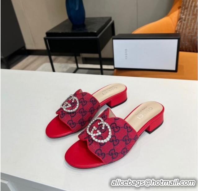 Low Price Gucci GG Canvas Slide Sandal with Crystal Double G 022161 Red